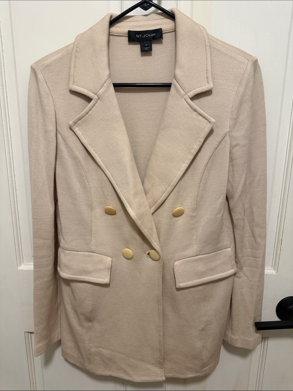 St. John Cream Double-Breasted Knit Blazer with Gold Buttons